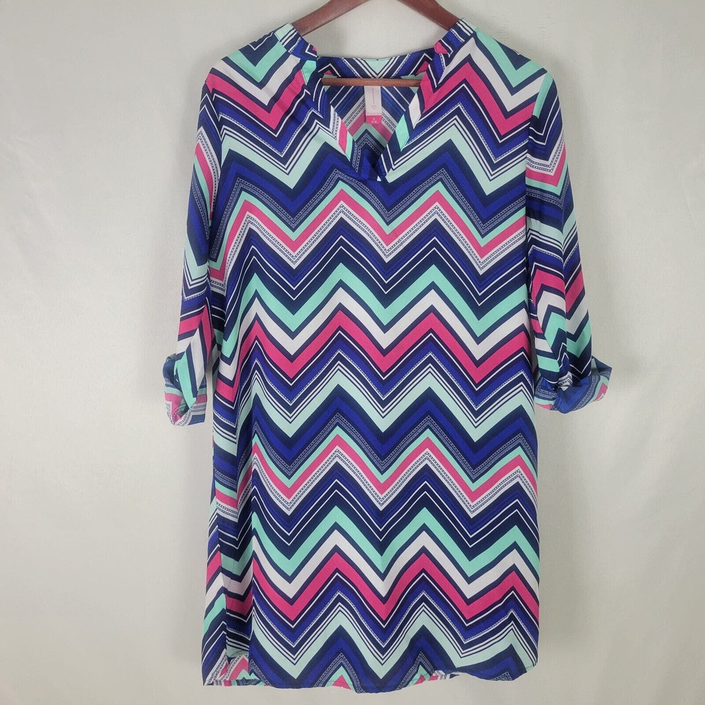 No Boundaries Shirt Dress Juniors Medium Multicolored‎ Chevron Split Neck